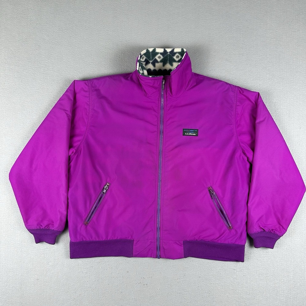 Vtg 90s LL Bean Warm Up Jacket Men's Medium Purple Fair Isle Fleece Lined Zip